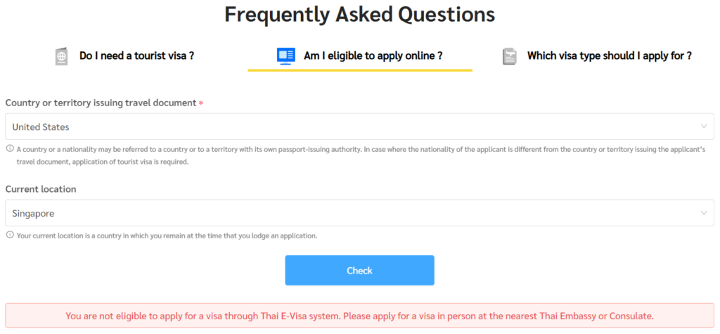Thai E-visa apply online not eligible